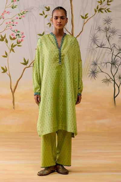 Green block printed tunic set