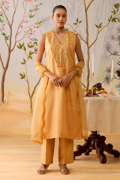 Yellow block printed kurta set