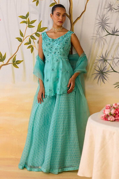 Blue block printed sharara set