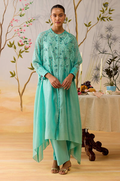Blue floral embroidered tunic set