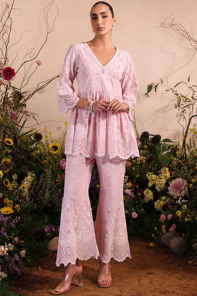 Blush pink floral embroidery peplum co-ord set