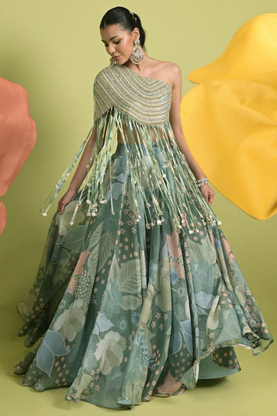 Matcha green embellished cape and lehenga set