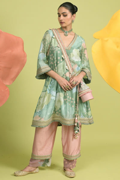 Matcha green floral printed kurta set