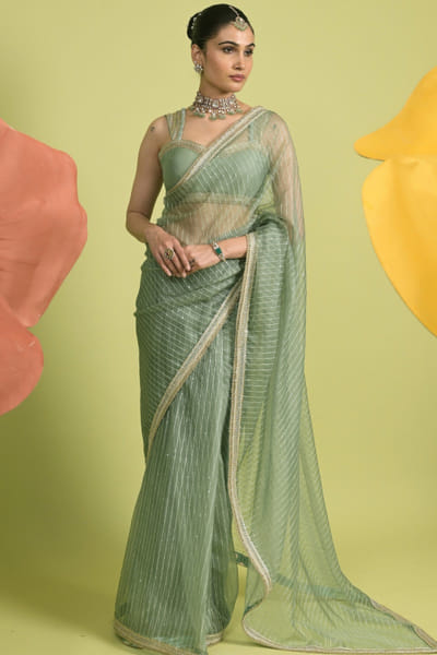 Matcha green embellished sari set