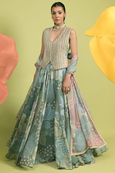 Matcha green floral printed lehenga set