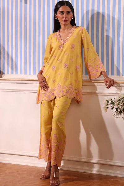 Yellow floral embroidery co-ord set