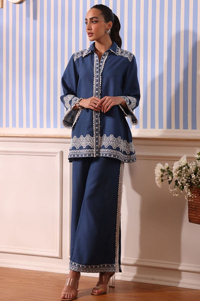 Navy blue floral embroidery co-ord set