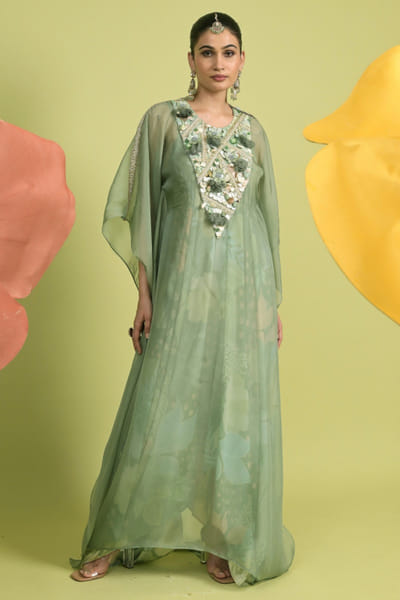 Matcha green embellished kaftan set