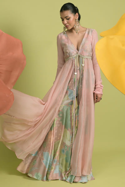 Blush pink embellished front-open anarkali set