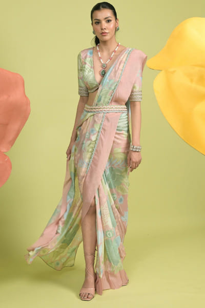 Blush pink floral printed sari set