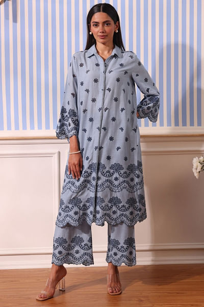 Light blue floral thread embroidered kurta set