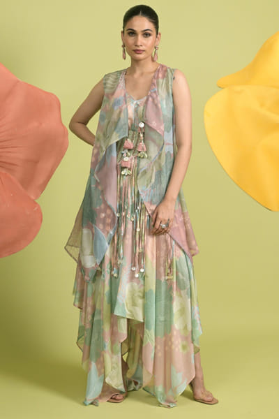 Blush pink floral printed asymmetric dress