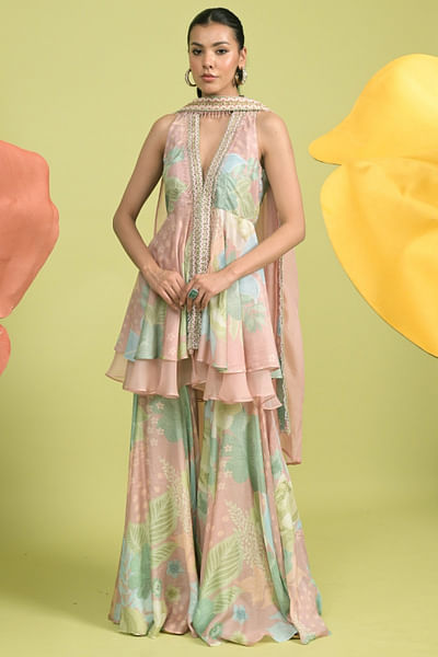 Blush pink printed sharara set