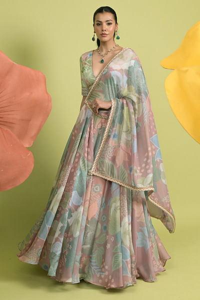 Blush pink floral printed lehenga set