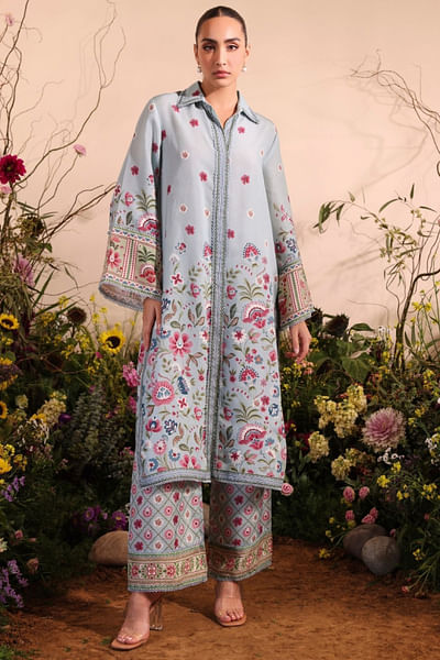 Tranquil blue floral printed kurta set