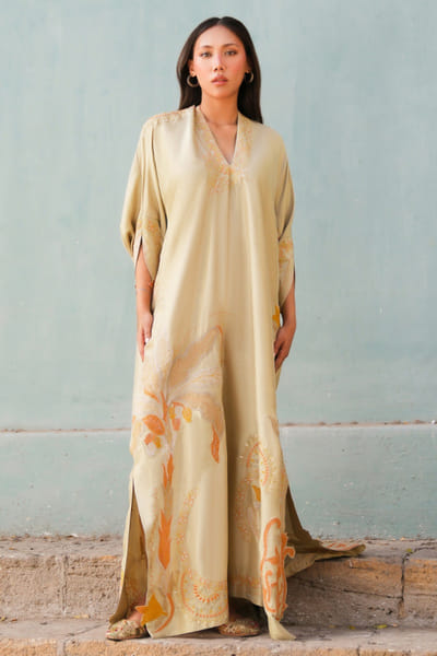 Misha Lakhani Peach applique embroidered raw silk kaftan MISHJUN26D547777