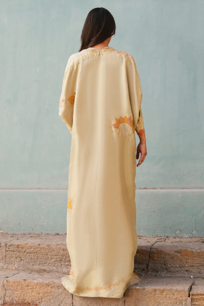 Misha Lakhani Peach applique embroidered raw silk kaftan MISHJUN26D547777