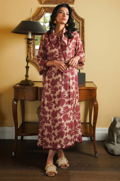Misha Lakhani Beige floral and ikat printed midi dress MISHJUN26D547779