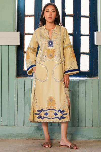 Misha Lakhani Yellow applique embroidered cotton silk dress MISHJUN26D547781
