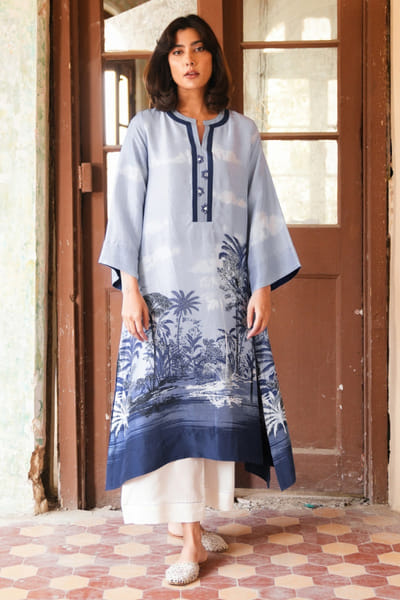 Misha Lakhani Sky blue printed raw silk kurta MISHJUN26D547782