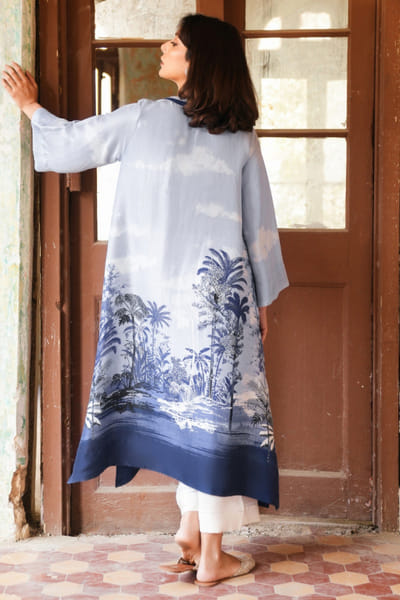 Misha Lakhani Sky blue printed raw silk kurta MISHJUN26D547782