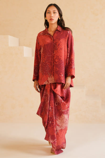 Misha Lakhani Crimson red printed draped skirt set MISHJUN26D547783