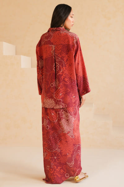 Misha Lakhani Crimson red printed draped skirt set MISHJUN26D547783