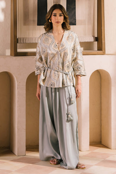 Misha Lakhani Sage green embroidered wrap-jacket set MISFEB26D138538