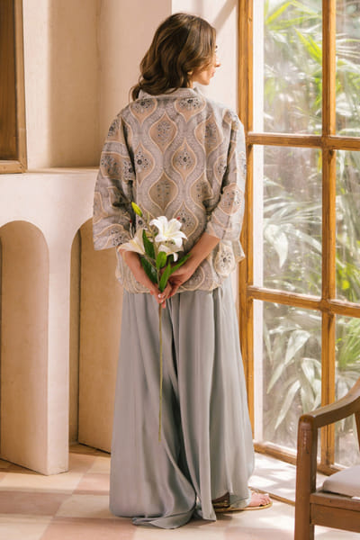 Misha Lakhani Sage green embroidered wrap-jacket set MISFEB26D138538