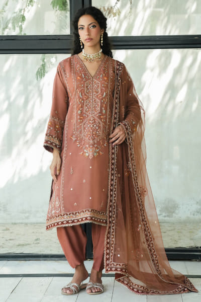 Misha Lakhani Chestnut rust zardozi embroidered kurta set MISHJUN26D547787