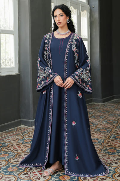 Misha Lakhani Midnight blue resham embroidered abaya MISHJUN26D547788