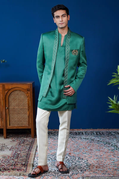 Emerald Embroidered shawl lapel bandhgala set