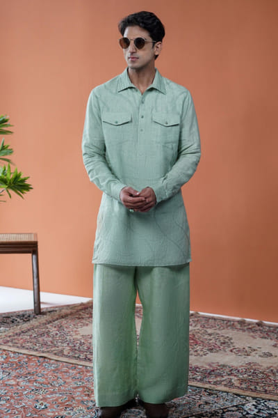 Sage green embroidered short kurta