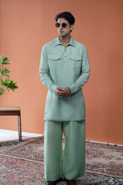 Sage green embroidered short kurta set