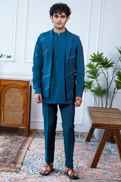 Blue thread embroidered bandi and kurta