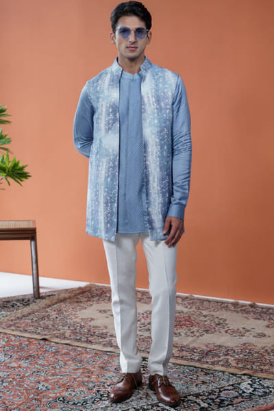 Blue floral printed bandi and kurta