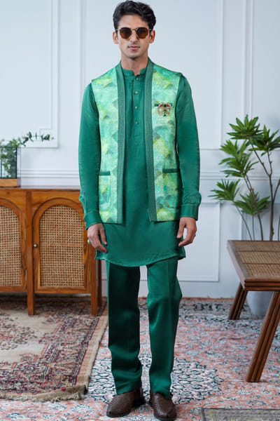 Green printed bandi and kurta