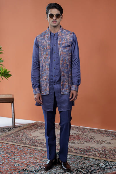 Purple printed bandi and kurta