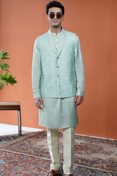 Sage green leaf printed bandi and kurta