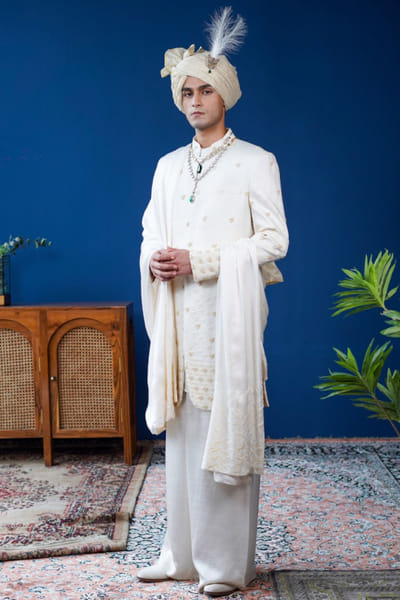 Off white embroidered sherwani set