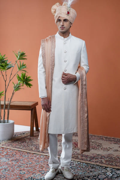 White geometric embroidered sherwani set