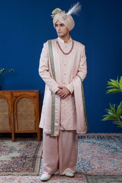 Peach floral pitta embroidered sherwani set