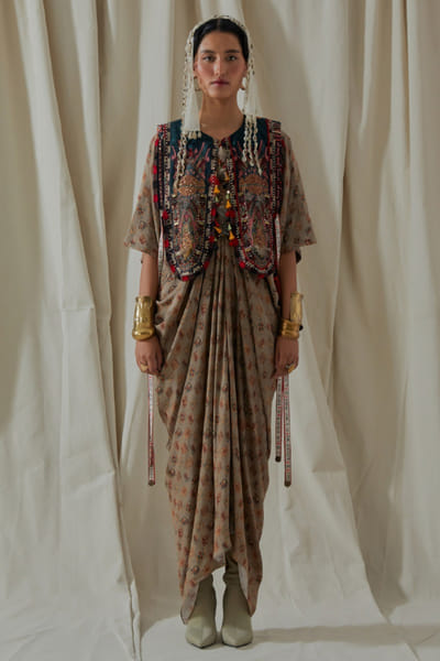 Aseem Kapoor Ecru print embroidered gilet dress ASEEMAY26D143593