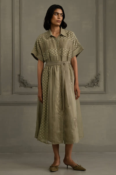 ARCVSH by Pallavi Singh Sage green embroidered belted midi dress ARCVJUL26D149844