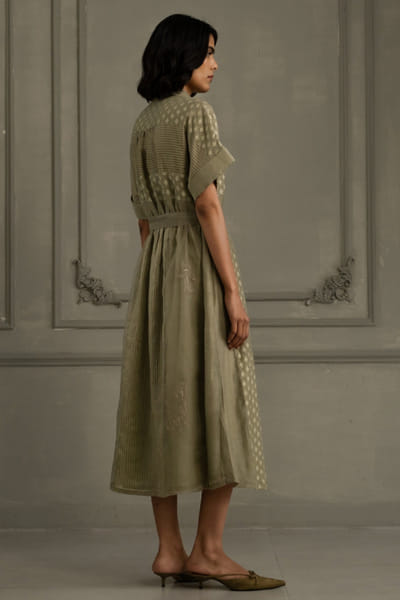 ARCVSH by Pallavi Singh Sage green embroidered belted midi dress ARCVJUL26D149844