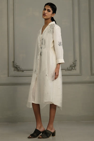 ARCVSH by Pallavi Singh Ivory hand block print embroidered midi dress ARCVJUL26D149845