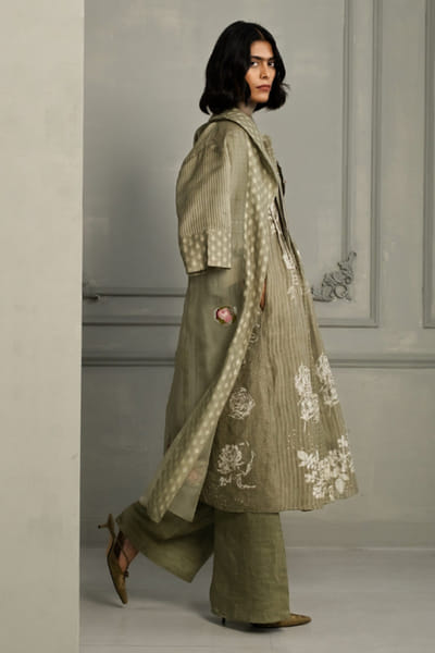 ARCVSH by Pallavi Singh Green hand block print applique jacket set ARCVJUL26D149851