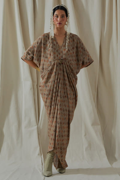 Aseem Kapoor Ecru print embroidered crepe dress ASEEMAY26D143592
