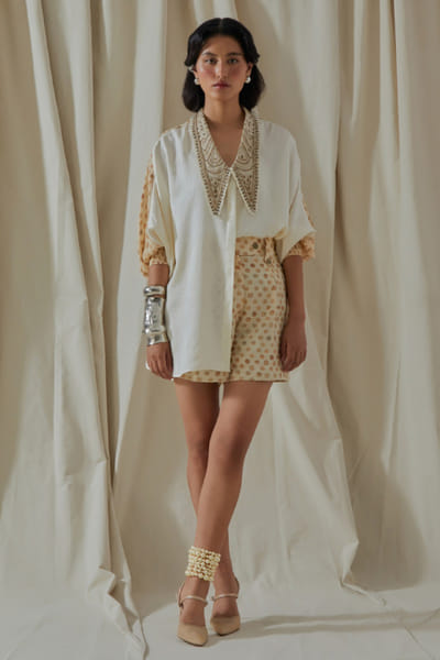 Aseem Kapoor White embroidered silk shirt and shorts set ASEEMAY26D144535