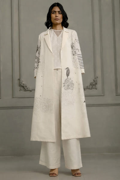 ARCVSH by Pallavi Singh Ivory embroidered hand block print jacket set ARCVJUL26D149847